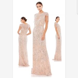 MAC DUGGAL EMBELLISHED FRINGE CAP SLEEVE TRUMPET GOWN PLATINUM PINK 12 NWT